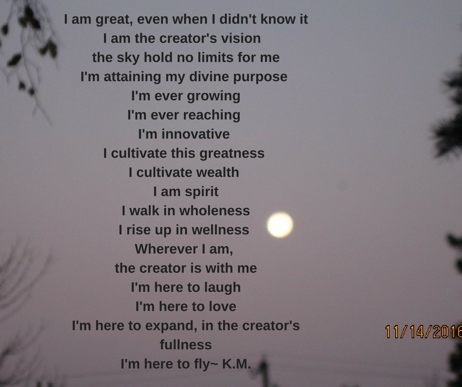 I am great, even when I didn't know itI am the creator's vision the sky hold no limits for meI'm attaining my divine purpose I'm ever growingI'm ever reaching I'm innovative I cultivate